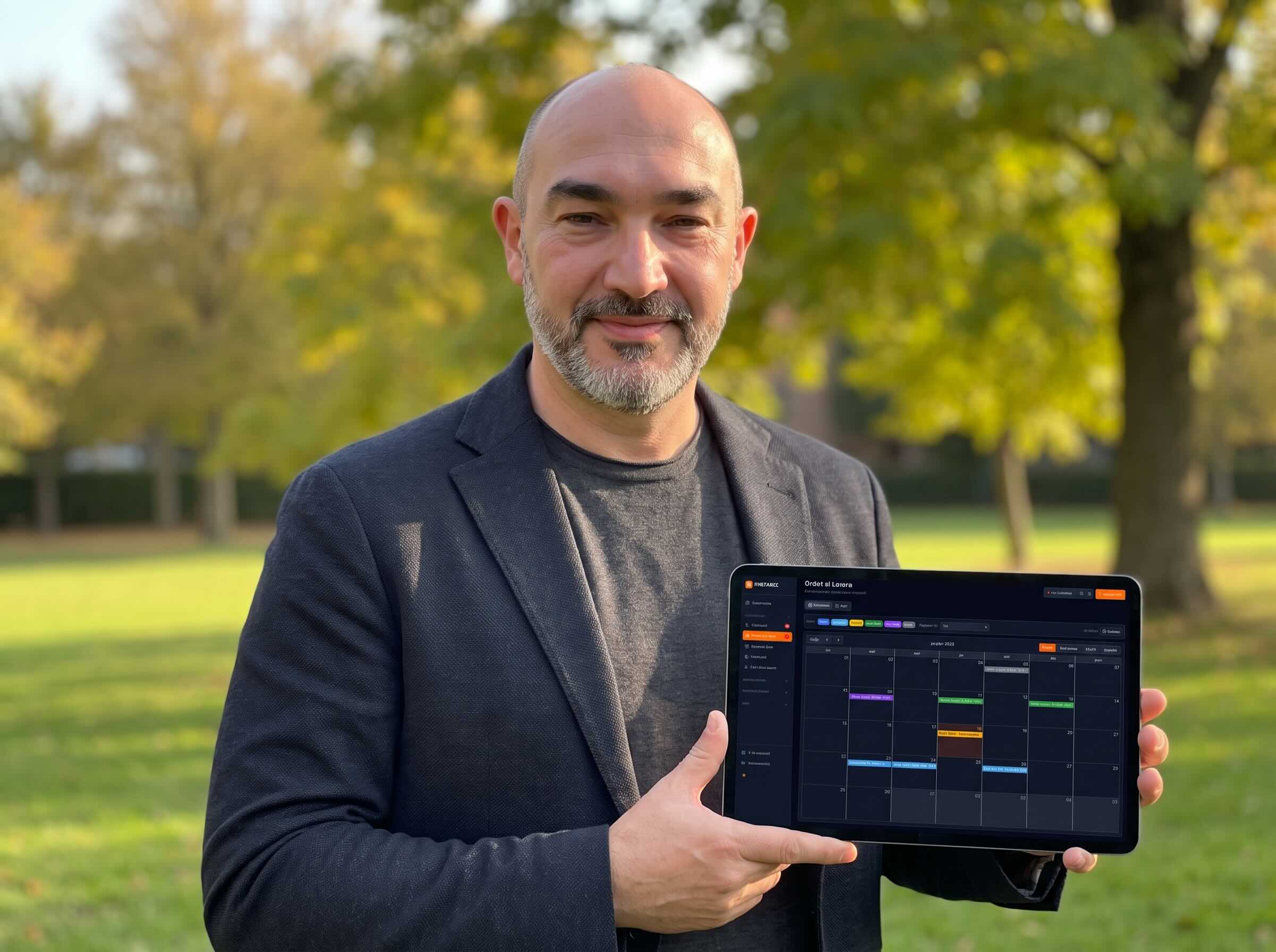 Daniele Migliavacca, fondatore di THE TRACES, con il tablet che presenta FireTrace